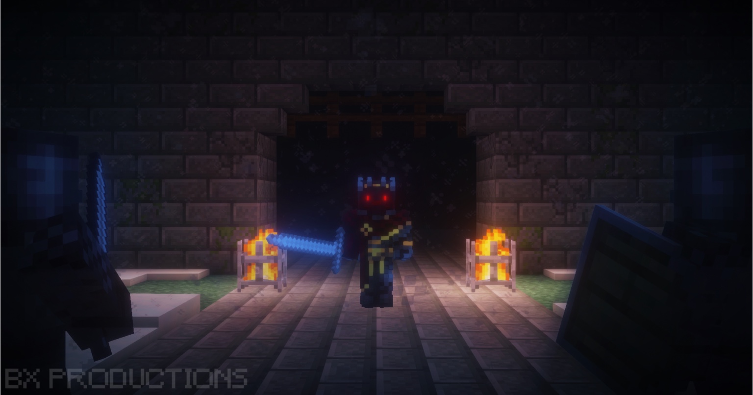 Minecraft character with a glowing sword outside a stone castle