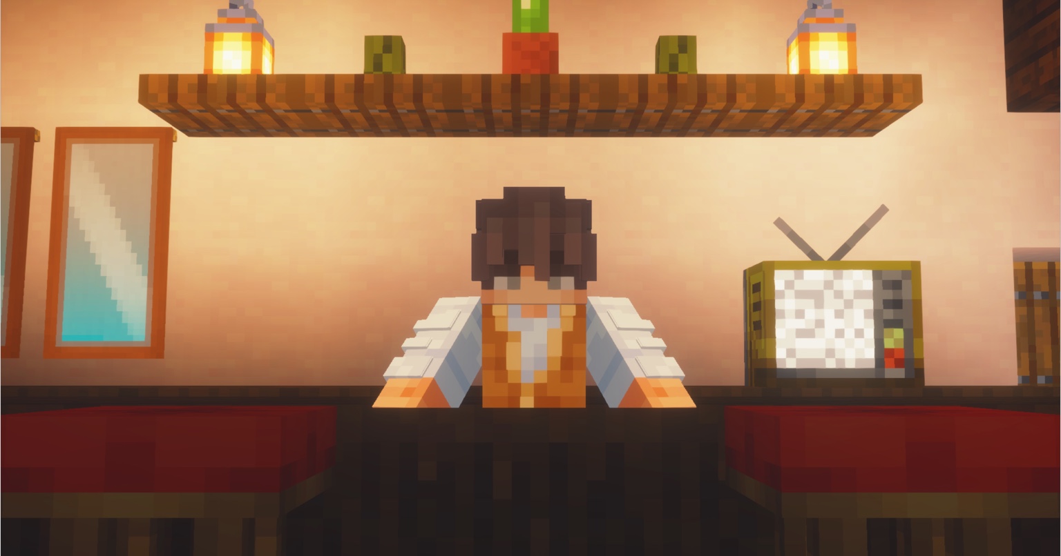 Minecraft character sitting in a warmly lit room