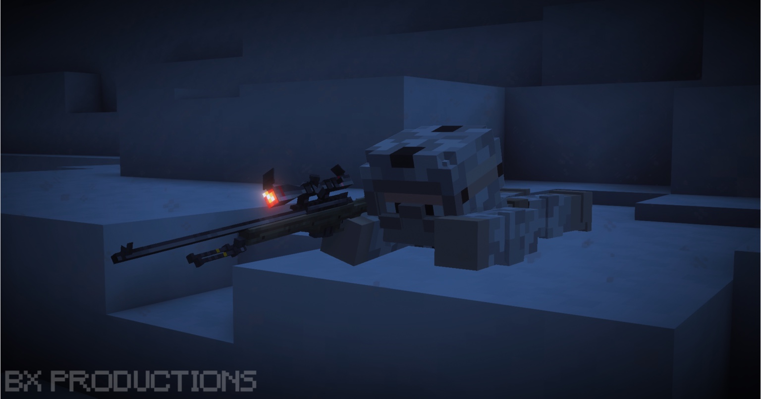 Minecraft character lying in a snowy landscape with a scoped rifle