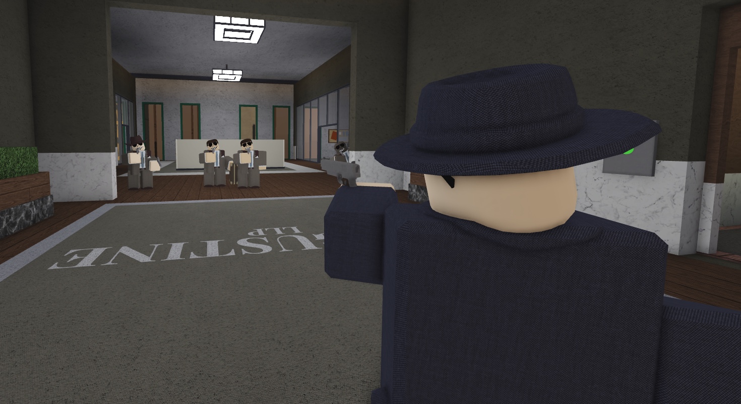 Roblox character in a dark hat looking into a lobby